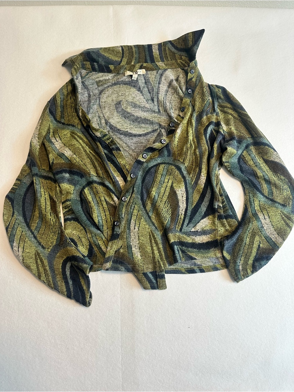 IQ Paris Green Swirl Abstract Knit Button Front Cardigan Top